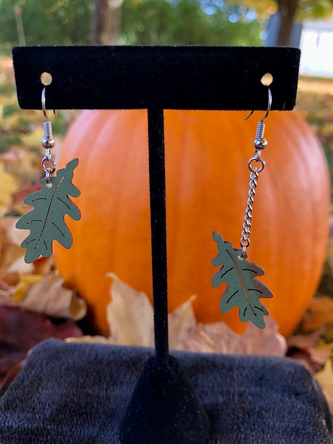 Asymmetric Green Oak Leaf Earrings Etsy