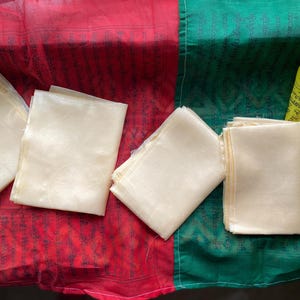 May include: Several rectangular, off-white, semi-translucent fabric pieces are layered over a background of red and green prayer flags. The prayer flags feature printed black Tibetan script and are stitched together with white thread.