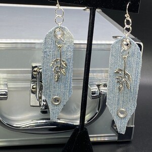 Handmade Light Blue Denim Jean Earrings &quot;HANGIN&quot; LEAF&quot;