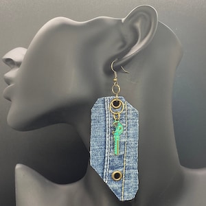 Handmade Dark Blue Denim Jean Earrings &quot;KEY CUFF&quot;