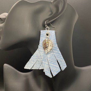 Handmade Light Blue Denim Jean Earrings &quot;SILVER LEAF DUSTER&quot;