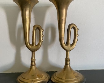 Vintage Brass Trumpet CandleStick holder