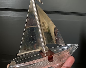 Vintage Sailboat glass and metal tray// ashtray// jewelry tray// decor