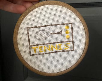 Vintage Tennis CrossStitch Embroidery in round wooden hanging hoop