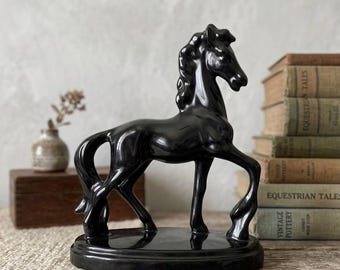 Vintage Glossy Black Horse on Oval Base