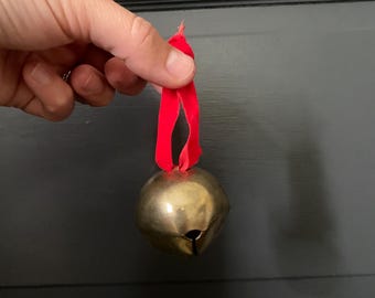Vintage Gold/Brass color Christmas Bell on velvet red ribbon