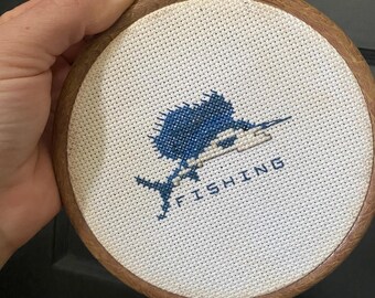 Vintage Fishing CrossStitch Embroidery in round wooden hanging hoop