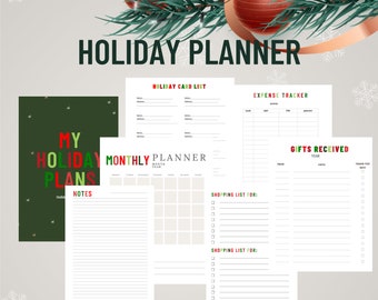 Könnte beinhalten: Ein druckbarer Urlaubsplaner in Grün- und Rottönen. Der Planer enthält Abschnitte für Weihnachtskartenlisten, Ausgabenverfolgung, Geschenkeliste und monatliche Planung. Der Planer ist mit einem festlichen Weihnachtsbaum und Ornamenten verziert.