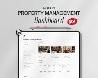 Pode incluir: Um tablet digital exibindo um painel de gerenciamento de propriedades do Notion. A tela mostra visualizações de dados, informações do inquilino e um mapa. O texto "NOTION PROPERTY MANAGEMENT Dashboard NEW" está no topo.
