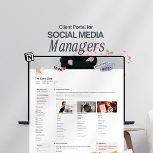 Może przedstawiać: Laptop wyświetlający interfejs strony internetowej dla "Client Portal for Social Media Managers". Interfejs zawiera sekcje "To Do", "Important Goals" i "Notes". Notatka samoprzylepna głosi "Client collaboration & streamlining content creation within one portal."