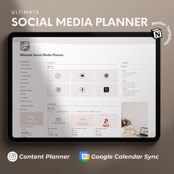 Social Media Content Planner Content Creator Planner Social Media Manager Social Media Tracker Notion Brand Template Content Calendar