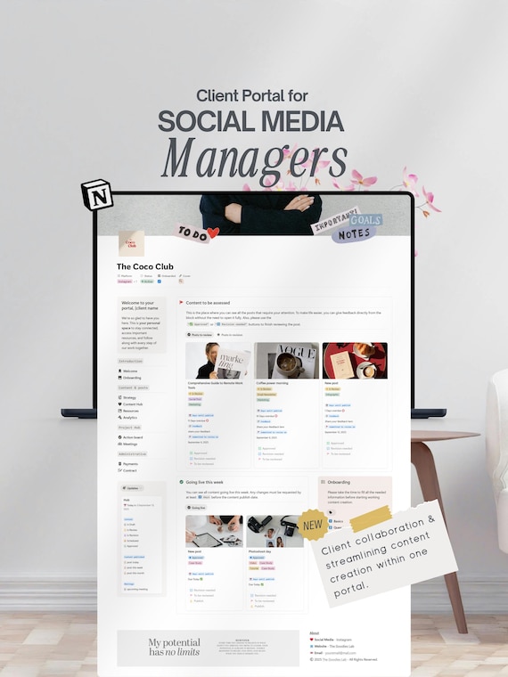 Notion Client Portal for Social Media Manager Notion Template Content Strategy Template for Marketing Agency Client Workflow