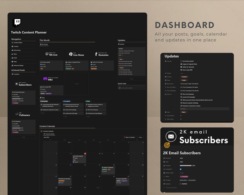 An organized Notion Planner template designed for Twitch content creators and Vtubers. This comprehensive planner includes a streaming schedule manager and a live gaming planner, perfect for managing video games and live streaming schedules on Twitch