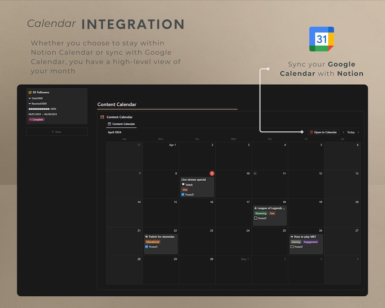 An organized Notion Planner template designed for Twitch content creators and Vtubers. This comprehensive planner includes a streaming schedule manager and a live gaming planner, perfect for managing video games and live streaming schedules on Twitch