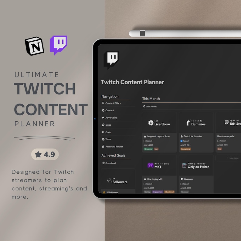 An organized Notion Planner template designed for Twitch content creators and Vtubers. This comprehensive planner includes a streaming schedule manager and a live gaming planner, perfect for managing video games and live streaming schedules on Twitch