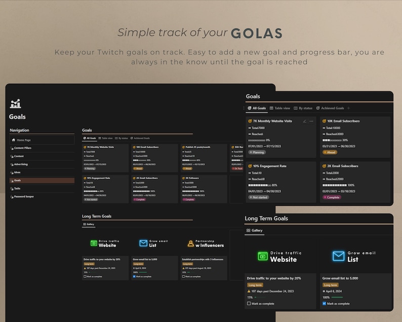 An organized Notion Planner template designed for Twitch content creators and Vtubers. This comprehensive planner includes a streaming schedule manager and a live gaming planner, perfect for managing video games and live streaming schedules on Twitch