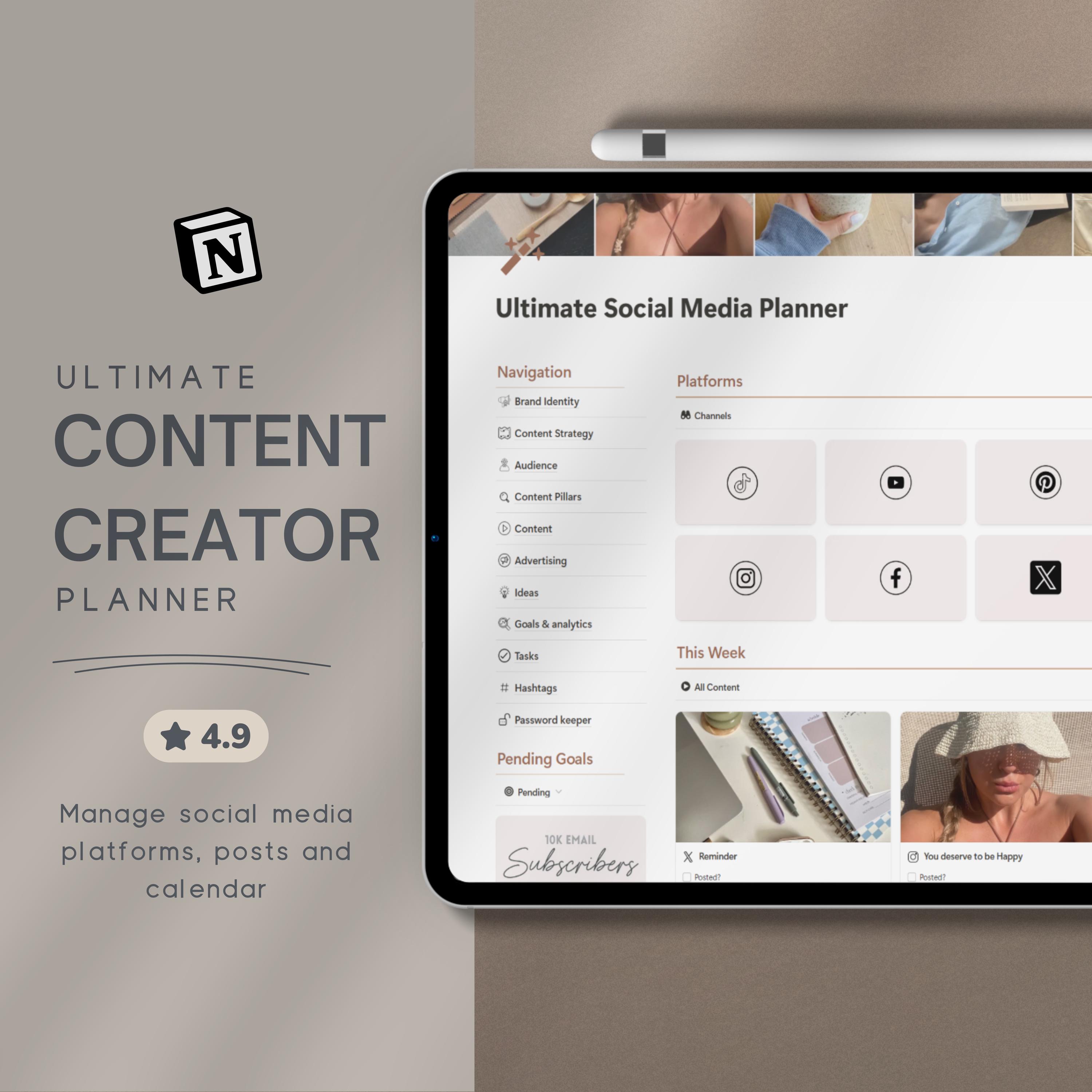 Social Media Content Planner Template Content Creator Planner Social Media Manager Social Media Tracker Notion Template Content Calendar