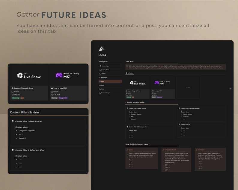 An organized Notion Planner template designed for Twitch content creators and Vtubers. This comprehensive planner includes a streaming schedule manager and a live gaming planner, perfect for managing video games and live streaming schedules on Twitch