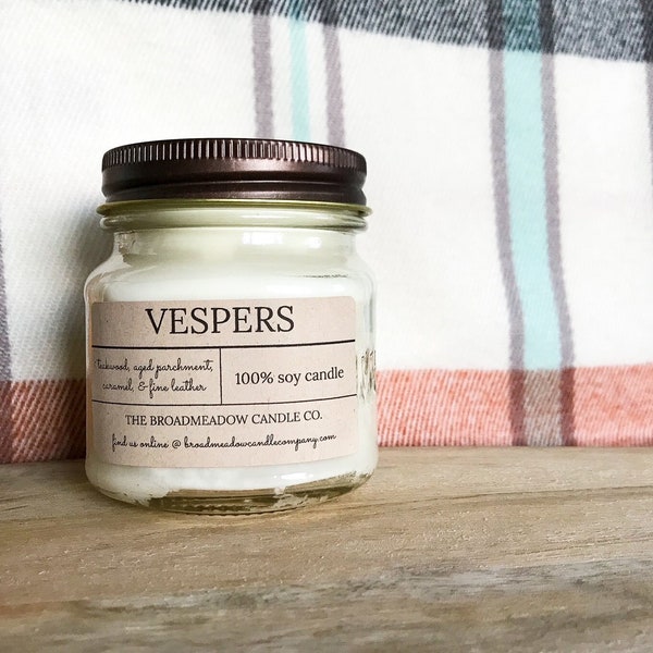 Vespers (teakwood, caramel, & aged leather): Catholic Inspired 100% Soy Candles. **Handmade w/ no additives or dyes**