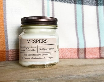 Vespers (teakwood, caramel, & aged leather): Catholic Inspired 100% Soy Candles. **Handmade w/ no additives or dyes**
