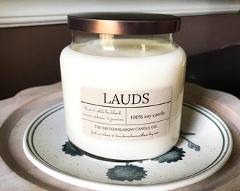 Lauds (black and white tea blend, lemon verbena, & jasmine): Catholic Inspired 100% Organic Soy Candles. *Handmade w/ no additives or dyes*