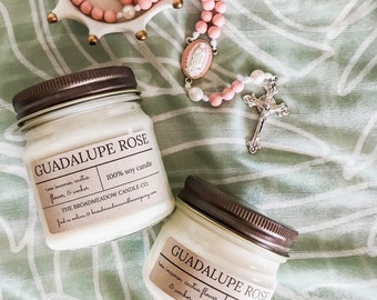 Guadalupe Rose (rose incense, amber, & cactus flower). 100% Soy Candles Inspired by Catholic Life. Handmade w/ *no additives/dyes*