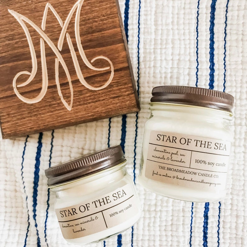 Star of the Sea bright citrus, marine mist, & lavender: 100% soy candles inspired by Catholic life. Handmade w/no additives or dyes image 1