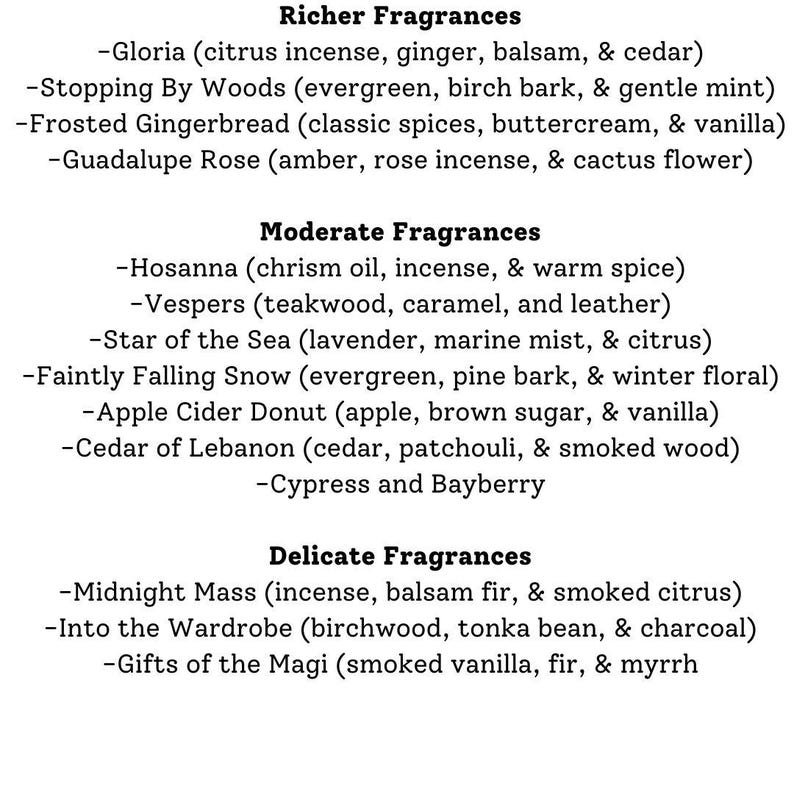 May include: A list of fragrance names and descriptions, categorized by richness: Richer, Moderate, and Delicate. Each fragrance is described with a short phrase, including the key notes.