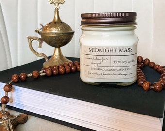 Midnight Mass (incense, balsam, smoked citrus): Catholic Inspired 100% Soy Candles. **Handmade w/ no additives or dyes**