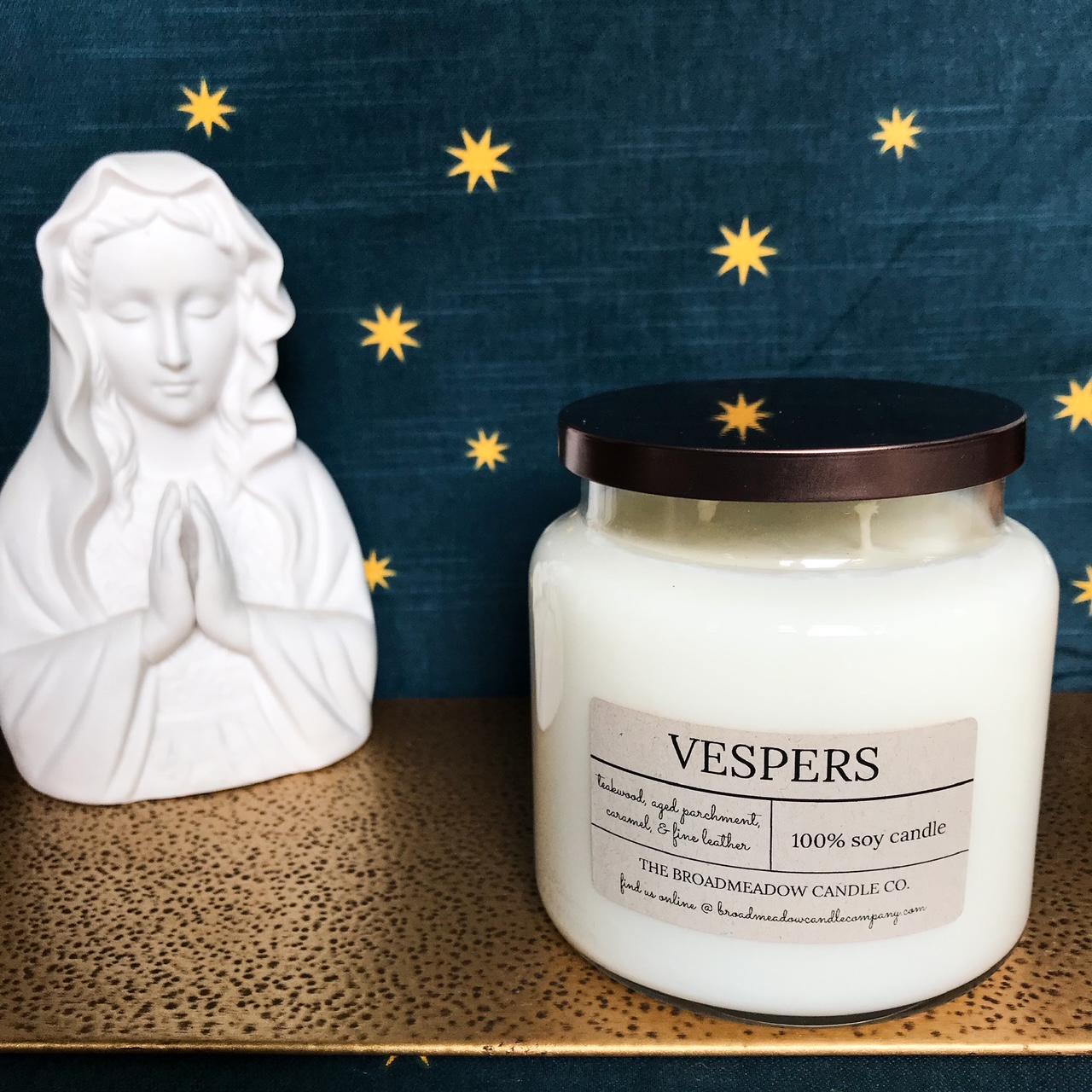 Vespers (teakwood, caramel, & soft leather): Catholic Inspired 100% Soy Candles. **Handmade w/ no additives or dyes**