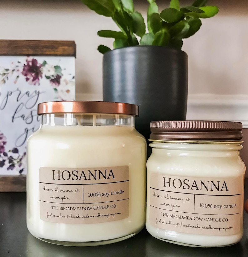 Hosanna chrism, warm spice, & incense: Catholic Inspired 100% Soy Candles. Handmade w/ no additives or dyes image 1