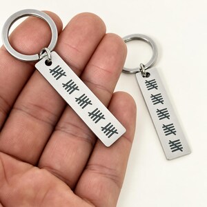 Puede incluir: Dos llaveros rectangulares de metal plateado con una anilla en la parte superior. Cada llavero est&aacute; grabado con una serie de marcas de conteo negras dispuestas en grupos de cinco, representando un total de veinticinco por pieza.