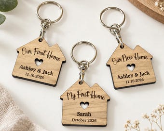 Personalised New Home Keyring Gift for Couples, First Home Gift, Wooden House Keychain, Housewarming Present, Custom New House Keepsake