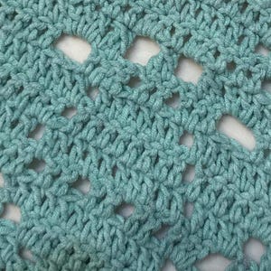 May include: Close-up of a turquoise crochet fabric with a repeating openwork pattern. The texture is visible, showing the individual stitches and the spaces created by the design. The yarn appears soft and the color is consistent throughout.