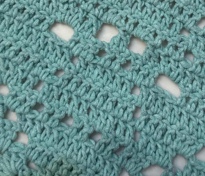 May include: Close-up of a turquoise crochet fabric with a repeating openwork pattern. The texture is visible, showing the individual stitches and the spaces created by the design. The yarn appears soft and the color is consistent throughout.