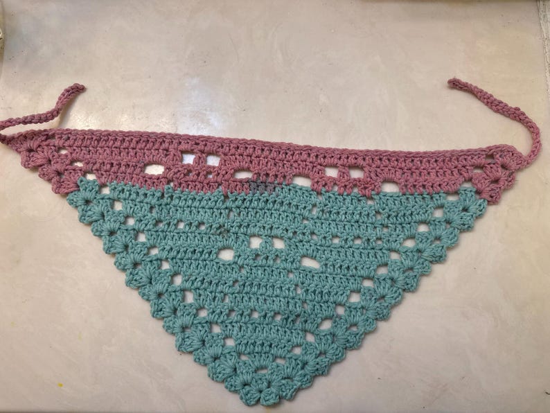 May include: A handmade crochet bandana in a triangular shape. The top section is a dusty rose color, and the bottom is a teal blue. The bandana has ties on each end for securing around the neck.