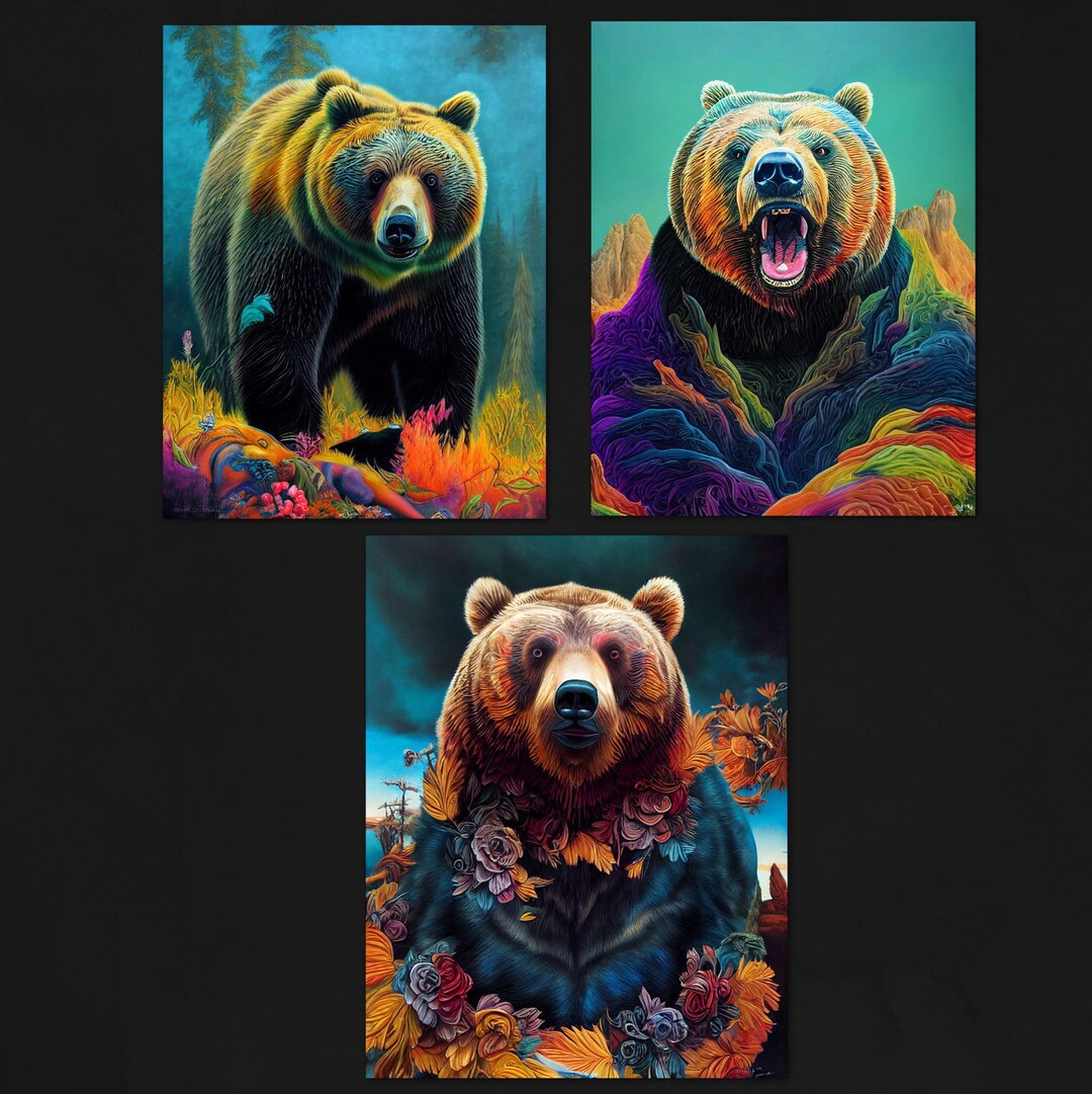 Grizzly Bear Set of 3 Bear Printable Digital Artwork Art - Etsy