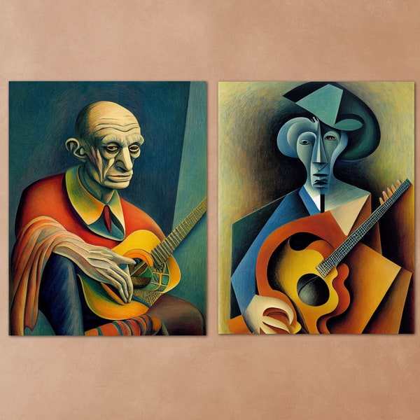 Pablo Picasso - The Old Guitarist Set de 2 art numérique inspiré par « The Old Guitarist » Pablo Picasso Style de peinture, œuvre d’art numérique