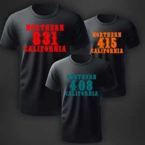 May include: Three black t-shirts with the text "NORTHERN" and a number in red, orange, or teal on each shirt. The text "CALIFORNIA" is below the number on each shirt.