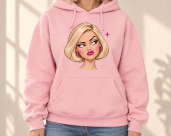 Felpa rosa con cappuccio e bambola sarcastica, stampa meme con sguardo snob, unisex