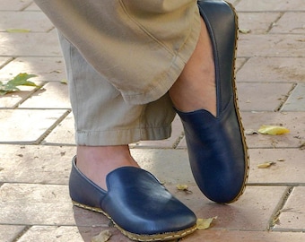 Barefoot Copper Grounding Shoes - Handmade Leather Moccasins – Natural Sustainable Minimalist: Wide Toe, Zero Drop, Unisex, Navy