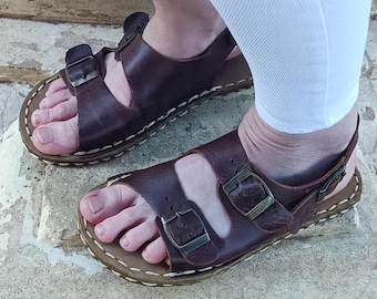 Barefoot Sandals Handmade Dark Brown Leather; Copper Riveted Earthing – Wide Toe, Zero Drop, Natural Sustainable Minimalist: Unisex