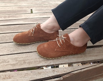 Handmade Brown Suede Barefoot Shoes – Copper Grounding Leather Loafers, Wide Toe Box, Zero Drop, Minimalist Sustainable: Unisex