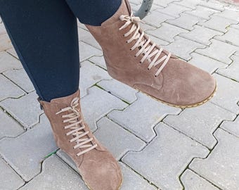 Handmade Mink-Taupe Suede Barefoot Boots – Copper Grounding Leather Ankle Boots, Wide Toe Box, Zero Drop, Minimalist Sustainable: Unisex