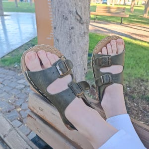 Grounding Minimalist Shoes, Barefoot Green Sandals, Wide Sandals For Women&#39;s, Sustainable Barefoot Sandals, Mary Jane antique buckle sandals
