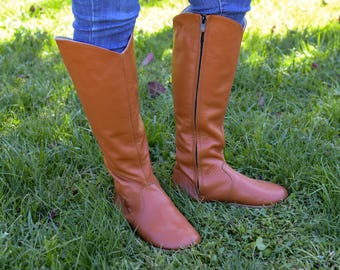Women’s Handmade Barefoot Tan Leather Knee-High Boots | Zero Drop, Wide Toe, Grounding, Zippered & Lace-Up