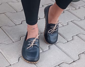 Barefoot Copper Grounding Shoes For Women, Earthing Rivets, Sustainable Minimalist style, Genuine Black Leather, Wide Foot Box, flat sole