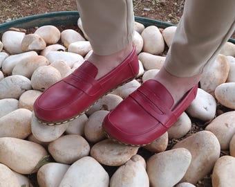 Barefoot Women's Shoes, Copper Earthing, Handmade, Red Color Leather, Minimalist Sustainable, Wide Toe, Low and Thin Sole: Unisex