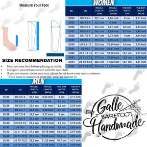 May include: A size recommendation chart for footwear featuring two tables labelled Women and Men. The tables list EU and US sizes alongside insole length and toe box width in centimetres and inches. Includes a diagram for measuring feet.