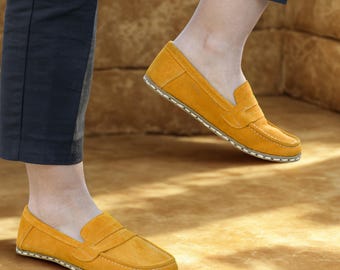 Handmade Suede barefoot Yellow leather shoes – Copper rivet for grounding –Loafer shoes, wide toe, zero drop, minimalist sustainable: Unisex